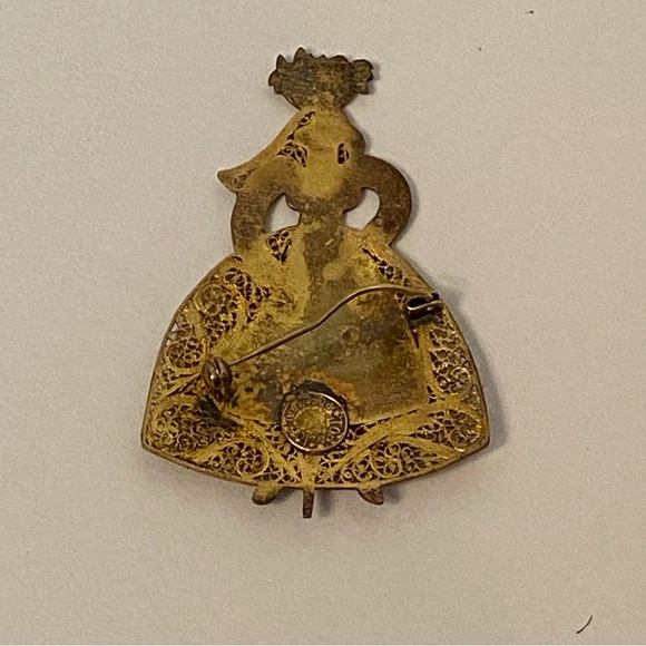 TOPAZIO PORTUGAL BROOCH VINTAGE ENAMEL FILIGREE LADY BRASS BLUE - Picture 4 of 6